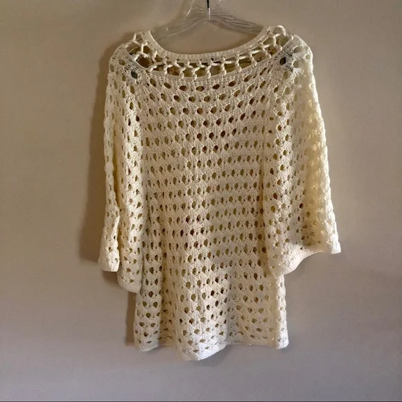 Chico’s Cream Open Knit Three-Quarter Sleeve Linen Blend Crochet Sweater - Picture 2 of 8